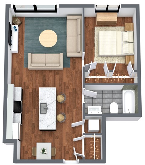 Floor plan for 1 bed, 1 bath, 631 sqft